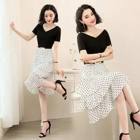施悦名2019新夏款时尚拼接蛋糕裙雪纺波点连衣裙配腰带a