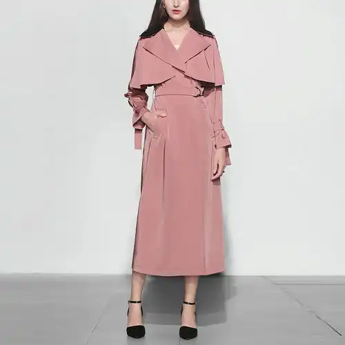 2018秋装新款欧美时尚气质百搭撞色翻领系带中长风衣外套女装