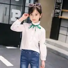 纯色街头甜美可爱风系带2018秋季长袖木耳边时尚舒适女童衬衫