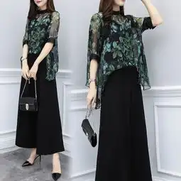 2019女装夏装大码两件套裤雪纺上衣高腰阔腿裤休闲时尚套装女