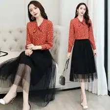 2020春装新款韩版女装修身时尚雪纺系带小衫连衣裙网纱裙两件套