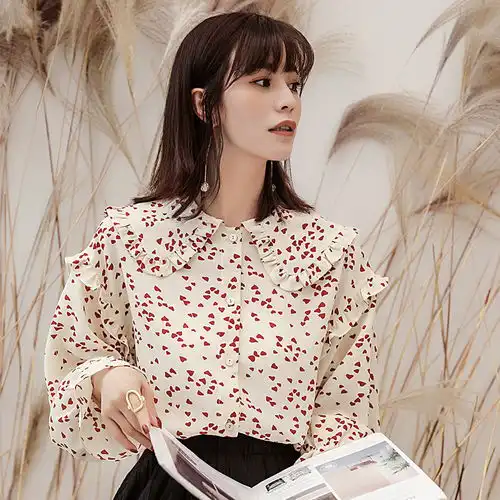 施悦名荷叶袖雪纺衫甜美女2019春季新款韩版碎花翻领宽松打底衫a
