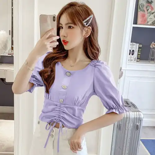 2020夏季新款时尚单排扣收腰显瘦短款上衣女装设计感小众雪纺衬衫