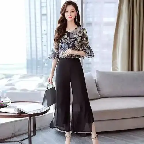 女神范两件套2018新款女装bf喇叭袖印花雪纺衫高腰开叉阔腿裤洋气套装