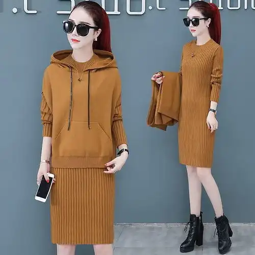 洋气针织连衣裙女装2019新款韩版连帽小个子秋装流行时尚套装裙潮