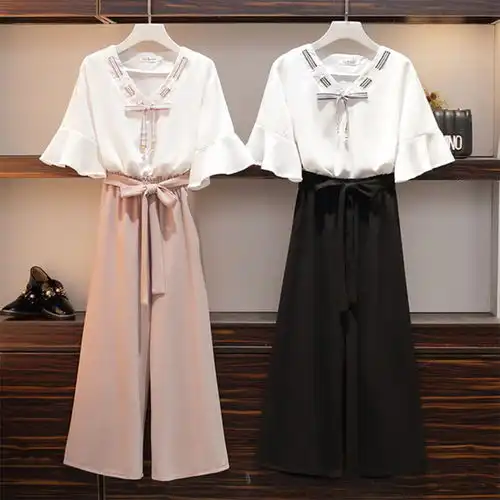 2019春夏季新款雪纺两件套女装学生韩版系带宽松阔腿裤时尚套装女