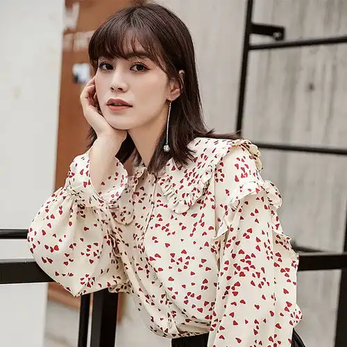 施悦名荷叶袖雪纺衫甜美女2019春季新款韩版碎花翻领宽松打底衫a