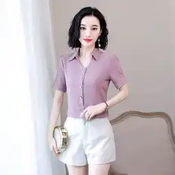 图荣短袖雪纺衫女装夏季韩版气质ol百搭衬衫休闲纯色上衣一件代发