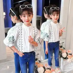2018春季新款韩版女童中大童童装儿童花边绿绣花衬衫图片大全邮乐官方网站
