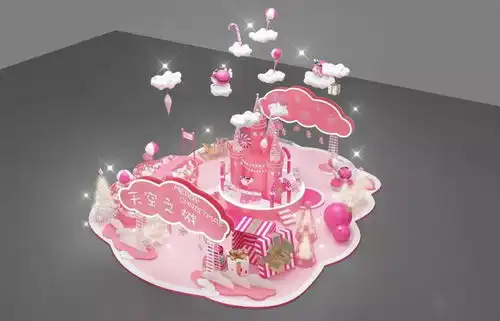 圣诞美陈猪年卡通少女心快闪店粉红打卡点3d效果图