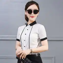 图荣夏季款短袖衬衫韩版时尚ol撞色翻领上衣雪纺衬衣女装一件代发