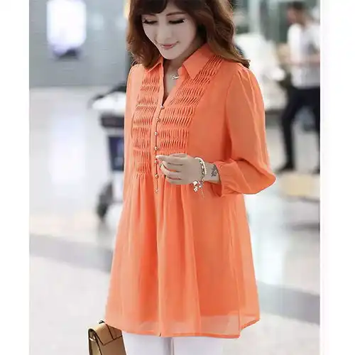 大码女装雪纺衫春秋中长款九分袖百褶衬衫女胖mm长袖上衣打底衫