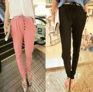 包邮2012秋季新款时尚显瘦宽松排扣系带小脚雪纺长裤女裤