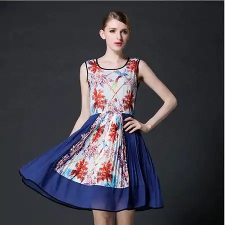 法米姿夏季新款女装时尚显瘦收腰印花无袖雪纺连衣裙