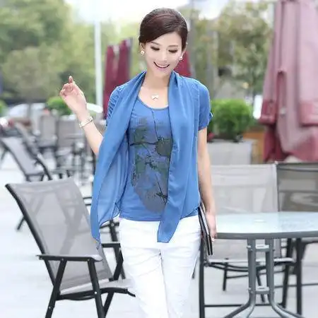 巨火龙中年款女装夏季新款时尚雪纺短袖假两件印花t恤96818