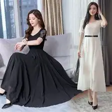 圆领时尚舒适潮流雪纺连衣裙纯色大摆型2019年夏季