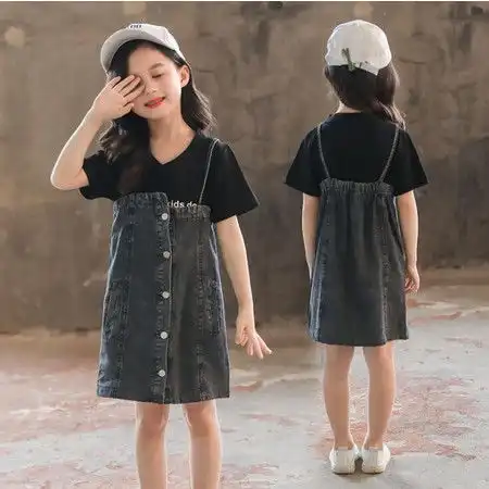 2019夏季新款韩版女童中大童个性字母印花t牛仔背带裙两件套ly图片大全邮乐官方网站