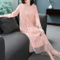 施悦名2018秋冬新款中式女茶服禅意改良绣花旗袍女装苎麻连衣裙