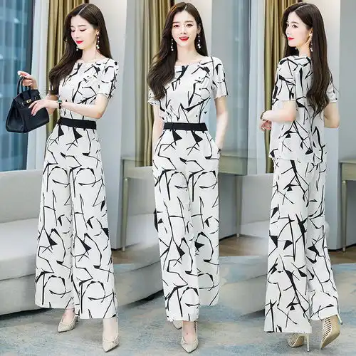 2021夏时尚短袖上衣印花雪纺阔腿裤套装气质女装两件套