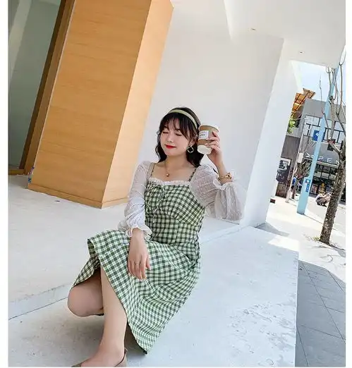 施悦名大码女装雪纺格子2020秋季新款200斤大码连衣裙a