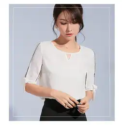 施悦名2019夏季新品女装圆领五分袖小衫女时尚气质雪纺衬衫