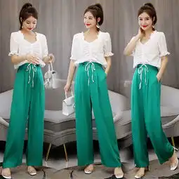 套装休闲舒适时尚雪纺喇叭袖上衣配长裤九分裤