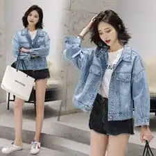 878牛仔外套女装2019春新款bf牛仔衣拼接印花夹克短款浅色潮