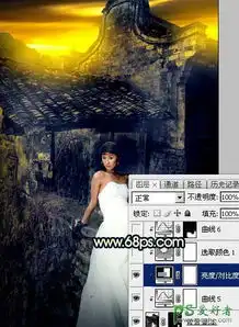 ps婚片调色给残旧古建筑中的美腿高跟婚片美女调出唯美的霞光色17