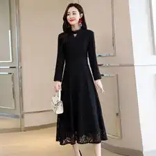 长袖中长款气质优雅圆领时尚连衣裙2018秋冬新款蕾丝木耳裙边