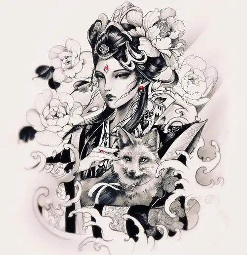 绝美的古风女武士纹身手绘稿