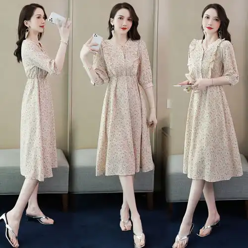 2021夏装新款短袖时尚优雅气质修身雪纺印花连衣裙女装