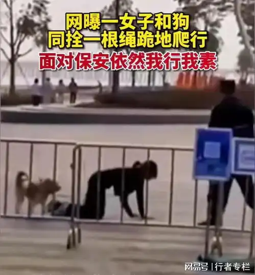 广东女子脖子上拴着狗绳,跪在地上与爱犬一起在马路上爬行