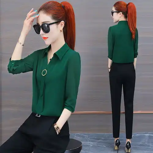 气质时尚雪纺衬衫女长袖2020春秋新款修身显瘦韩版上衣领带衬衣