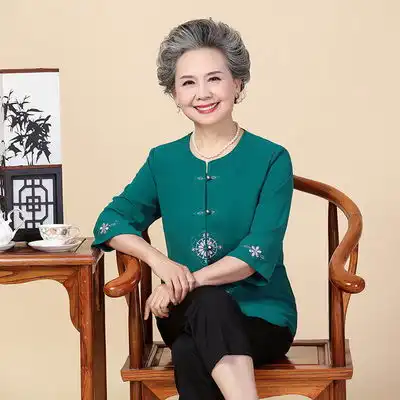 中老年人衬衫女装长袖奶奶装春秋外套衬衣老人衣服薄款607080岁
