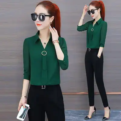 气质时尚雪纺衬衫女长袖2020春秋新款修身显瘦韩版上衣领带衬衣