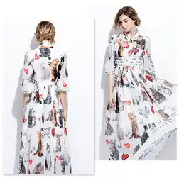洋湖轩榭春夏新款雪纺连衣裙欧美时尚女装猫咪印花长袖女长裙a