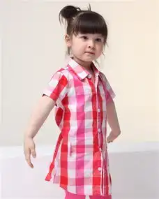 佐丹奴女童粉红格子长版短袖衬衫