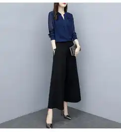 施悦名2019新款女装春季两件套裤雪纺长袖上衣衬衫阔腿裤休闲时尚套装女a