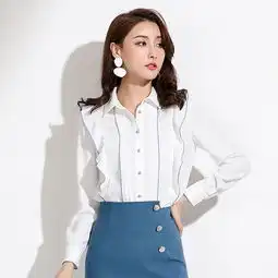 施悦名2019春季新款时尚女装chic气质优雅撞色上衣荷叶边长袖衬衫女