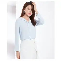 施悦名中高端原创精品纯色气质翻领珍珠别扣微喇叭袖女装雪纺衬衫