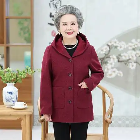 老年人秋装女毛呢外套6070岁妈妈装老太太上衣中长款连帽奶奶装