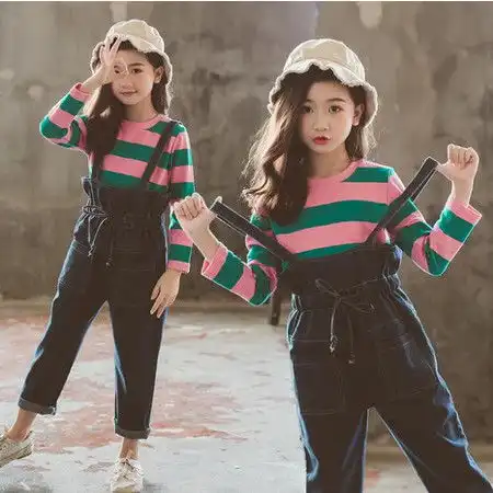 童装套装2019春季新款韩版女童中大童童套装粉色条纹t收腰背带裤两件套