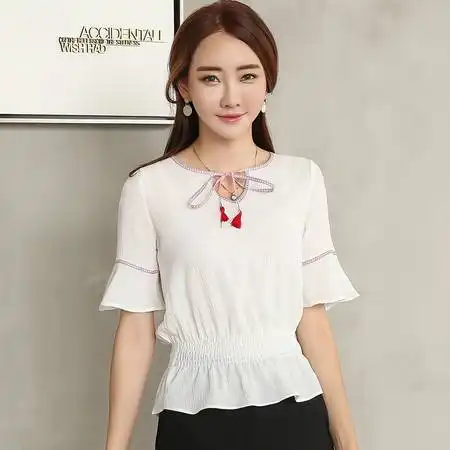 2017夏季新款五分喇叭袖系带雪纺衫女时尚百搭修身显瘦上衣小衫潮