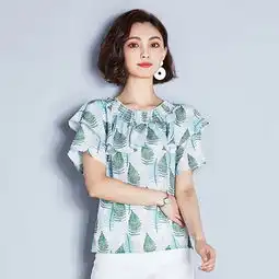 golladae露肩雪纺衫碎花t恤女装夏装2018新款韩版圆领体恤绿色上衣