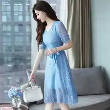 特价促销夏装时尚v领短袖纯色股线雪纺连衣裙潮流气质名媛中长款