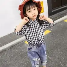 长袖单排多扣甜美可爱风时尚舒适格子衬衫女童2018秋季
