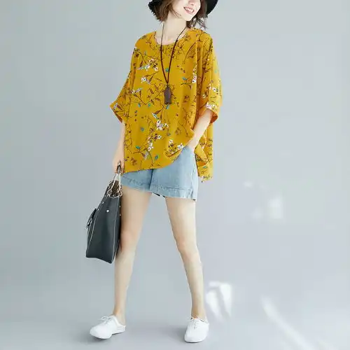 雪纺衫230斤加肥大码女装夏新款显瘦碎花蝙蝠袖上衣宽松简约t恤女