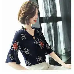 施悦名2019新款韩版夏季印花衬衫女士短袖大码女装雪纺立领时尚上衣女