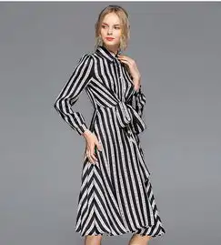 施悦名2019春夏新款女装欧美时尚条纹翻领修身显瘦单排扣中长款连衣裙