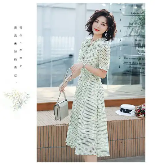 施悦名2019夏季新款韩版时尚甜美中长裙雪纺波点连衣裙a